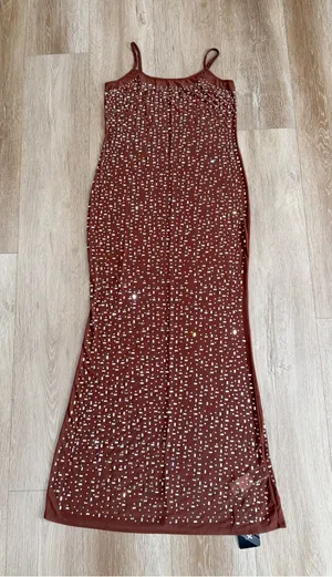 NWT SHEIN Brown Rhinestone Embellished Spaghetti Strap Net Midi Dress Size Large thumbnail 1