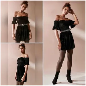Urban Outfitters Clara Off-The-Shoulder Smocked Velvet Dress in Black thumbnail 3
