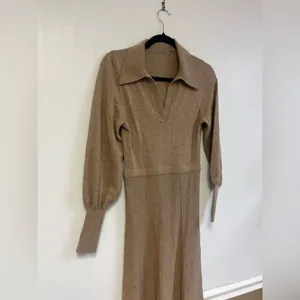 NICHOLAS Jade Midi Wool & Cotton Collared V Neck Long sleeve dress Oat Size‎ XS thumbnail 4