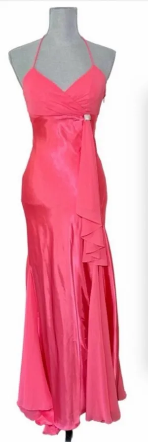 Hot Pink Mermaid long dress gown Cutout Halter Rhinestone Ruffle Formal Dress xs thumbnail 1