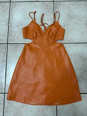 Brooklyn Karma Spaghetti-Strap Cutout Mini Dress in Rust Orange thumbnail 3