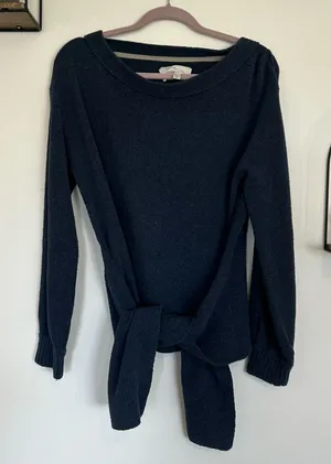 Brochu Walker Navy Blue Teddy Long Sleeve Crew Neck Tie Waist Sweater Blouse Med thumbnail 1