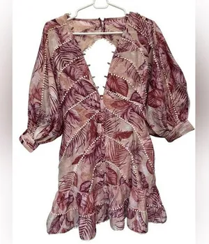 ASOS palm print structured mini dress with lace trim detail and puff sleeve thumbnail 1