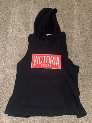 PINK - Victoria's Secret Victoria Sport Black Sleeveless Hooded Workout Tank Top with Front Kangaroo Pock thumbnail 1