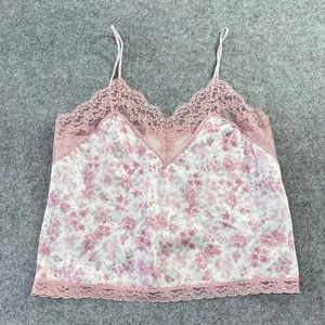 Vintage 80s Coquette Pink Floral Lace‎ Trim Camisole Top Satin Delicate Feminine thumbnail 1