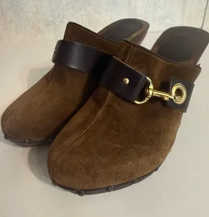 Vintage Coach Felicia Brown Suede, Wooden Heels, Dark Brown Leather Strap with Golden Hardware Sz 8 thumbnail 1