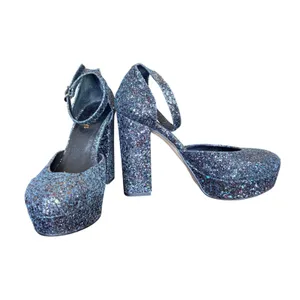 Shellys London Womens Blue Glitter Platform Block Heel Ankle Strap Size 37‎ 6.5 thumbnail 2