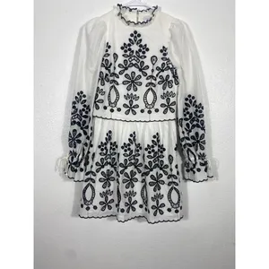SAYLOR Ivory Mini Dress with Black Floral Embroidery Size XS 100% Cotton thumbnail 3