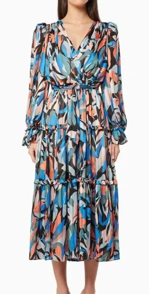 ELLIATT Vista Abstract Wrap Midi Dress Size Small Multicolor Whimsical Statement thumbnail 1