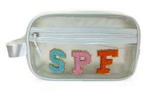 Clear SPF Makeup Bag Travel Cosmetic Pouch Chenille Patch Toiletry Organizer NWT thumbnail 1