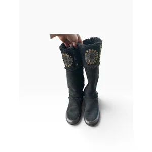 Tory Burch Moccasin Boots 8 Black Suede Crystal Rhinestone Tall Boho Sherpa thumbnail 3