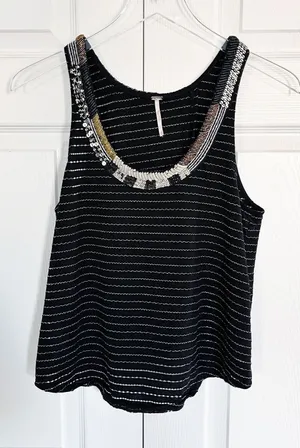 Free People Aztec Louie Beaded Split Back Tank Top Black Boho Festival Y2K Indie thumbnail 1