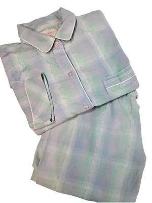 Victoria's Secret Aqua & Purple Pastel Plaid Flannel Pajama Set Women's Small‎ thumbnail 2