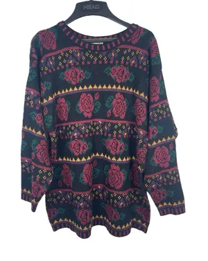 VTG 80s 90s Stefano International Black Rose Floral Knit Sweater Pullover M thumbnail 1