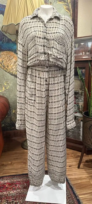 Free People Jen's Pirate Booty Geometric Jumpsuit Cream Black Large Boho thumbnail 1