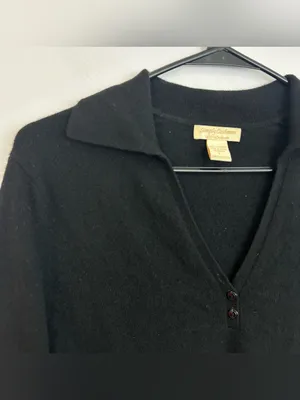 Simply Cashemere Black Pullover Collared Polo Sweater V-neckline 100% Size Small thumbnail 3