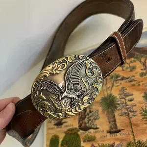 Vintage Distressed Stitched Brown Genuine Leather Eagle Buckle Belt - L thumbnail 8