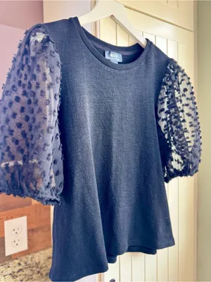Maeve Anthropologie Swiss Dot Sheer Puff Sleeve Top Mixed Media Black Small thumbnail 3