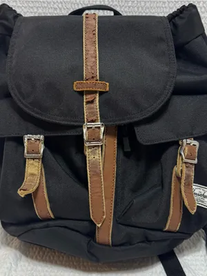 Herschel Black Canvas Backpack with Brown Leather Straps thumbnail 1