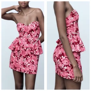 NWT ZARA Rose Floral Jacquard Peplum Mini Dress Size Medium Rhinestone Strapless thumbnail 14