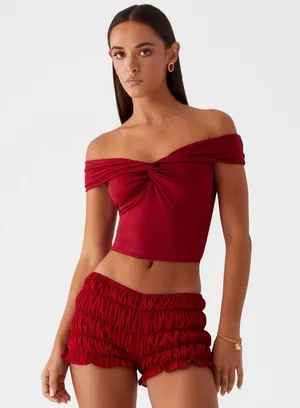 Peppermayo Ruched Mini Shorts Maroon thumbnail 1