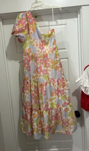 J. Marie one shoulder midi floral dress Sz Medium Wedding Brunch Garden Party thumbnail 1