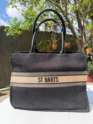 ST BARTS Black Canvas Tote Bag Beige Stripe Resort Beach Handbag thumbnail 16