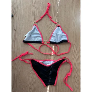 B45 New Womens AMI Sexy 2Pc Black Coral String Bikini Set Gold Ring Medium/Large thumbnail 3