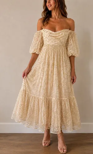 Verb by Pallavi Singhee Ninon Ivory Gold Sequin Tulle Midi Dress Small Fairy NWT thumbnail 1