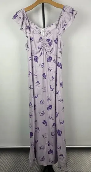 Lavender Milkmaid Pinup Novelty Cocktail Quirky‎ Print Flutter Sleeve Midi Dress thumbnail 1