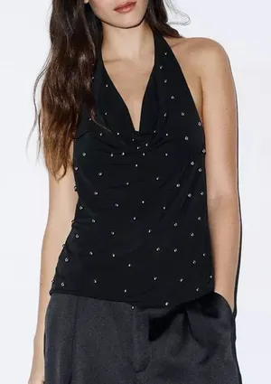 Zara NWT black cowl neck halter top with embellished dotted studs thumbnail 1