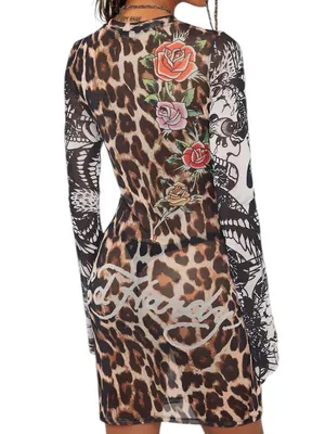 Ed Hardy Cheetah Print Mesh Bodycon Womens 2X Tattoo Logo Y2K 90s Sheer Dress thumbnail 3