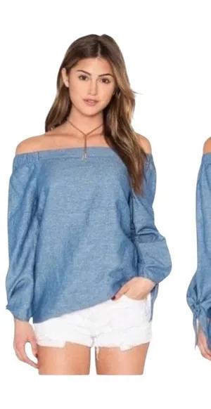 Free People Shirt Women XS Blue Off‎ The Shoulder Chambray Tie Cuff Top Boho thumbnail 1