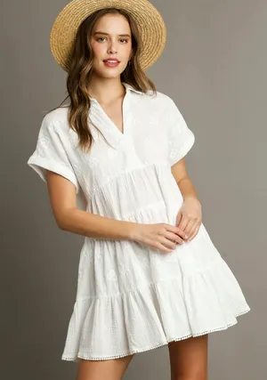 Umgee V-Neck Floral Detail Collared Tiered Dress White thumbnail 1