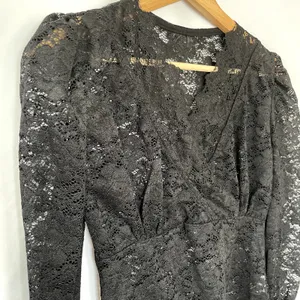 Vintage goth black lace v-neck sheer women's S blouse puffed sleeves victorian thumbnail 2