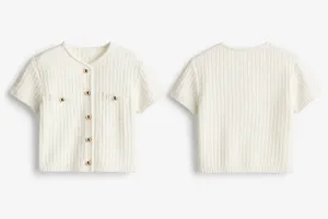 H&M Cream Textured Short-Sleeve Knit Cardigan with Gold Buttons – Size M 🤍 thumbnail 9