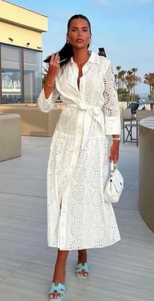 ZARA white lace long sleeve maxi dress with waist belt boho summer vacation thumbnail 9