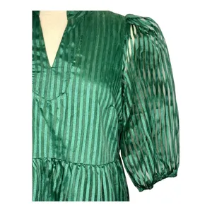 Crown & Ivy Tiered Mini Dress Womens Large‎ Green Striped Puff Sleeve Babydoll thumbnail 9
