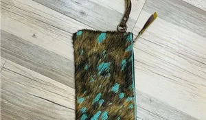 Cowhide Leather Wristlet Clutch W&G Hair Hide Turquoise Acid Wash wristlit purse thumbnail 2