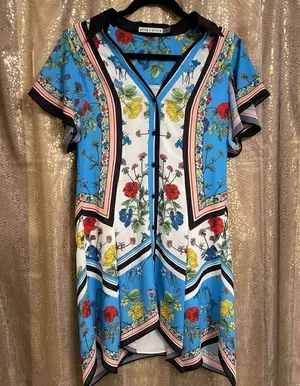Alice + Olivia Blue Conner Floral-Print Handkerchief Button Shirtdress, XS thumbnail 1