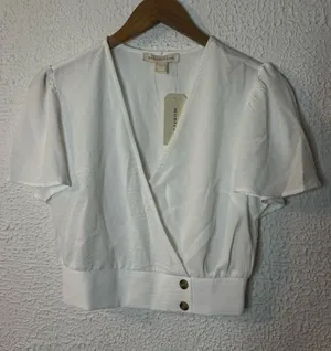 Monteau White Wrap Crop Top with Gold Buttons thumbnail 1