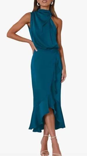 NEW Satin Sleeveless Mock Neck Wrap Mermaid Hem Maxi Dress XL thumbnail 1