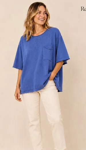 Easel Los Angeles Blue Oversized Distressed Knit Sweater Pocket Top Small thumbnail 1