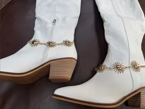 White Western Mid-Calf Heeled Boots with Gold Concho Chain thumbnail 3