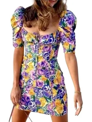 Zara Dress Women Medium Purple Yellow Floral Balloon Sleeve Corset Style‎ Mini thumbnail 1