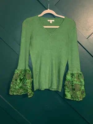 Ribbed Knit Sweater Floral Lace Bell Sleeve V-Neck Romantic Boho Cottagecore thumbnail 2