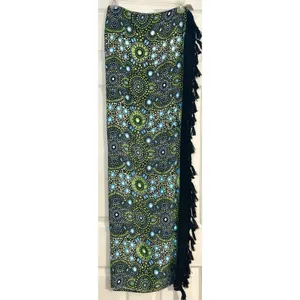 Wayan Natural Wear Sarong Cover Up Lime Green Blue Mandala Fringe Scarf Festival thumbnail 4