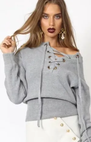 Urban Outfitters Lioness Gray Chunky Lace Up Knit Long‎ Sleeve Sweater Sz S thumbnail 1
