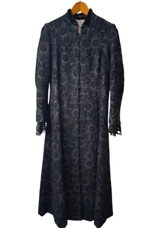 Custom Black Jacquard Long Coat Womens Medium Goth Wool Maxi Overcoat Witchy VTG thumbnail 1