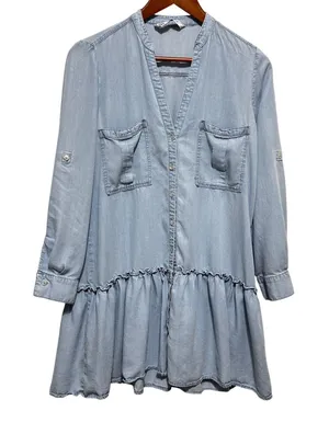 Zara Women Cottagecore Boho Tunic Dress M Chambray Denim Ruffle Hem Drop Waist thumbnail 1